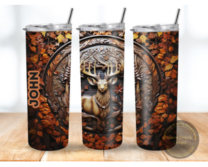 Rustic tooled leather deer tumbler. 20 oz insulated stainless steel cup for hunters, nature lovers, and cowboys. Mailed from Lapeer Michigan